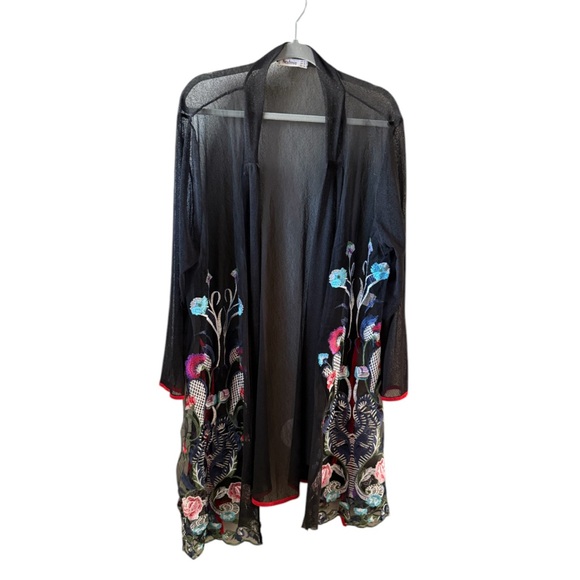 Nextmia Jackets & Blazers - Nextmia Black Sheer Embroidered Floral Duster Kimono Long Sz 24 Black Red Blue